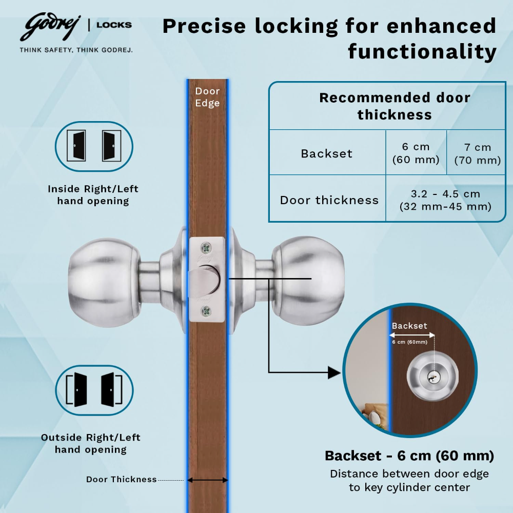Godrej Cylindrical Lock | with 3 Keys | Classic Range | for Bedroom Door, Internal Wooden Door | 6cm 60mm Backset | Suitable for Left Right Handed & InsideOutside Opening | 5 Years Warranty
